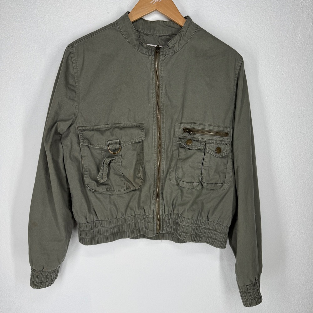 Vintage Military Utility Cargo Bomber Jacket XL Army Green Cropped Zip Grunge 90